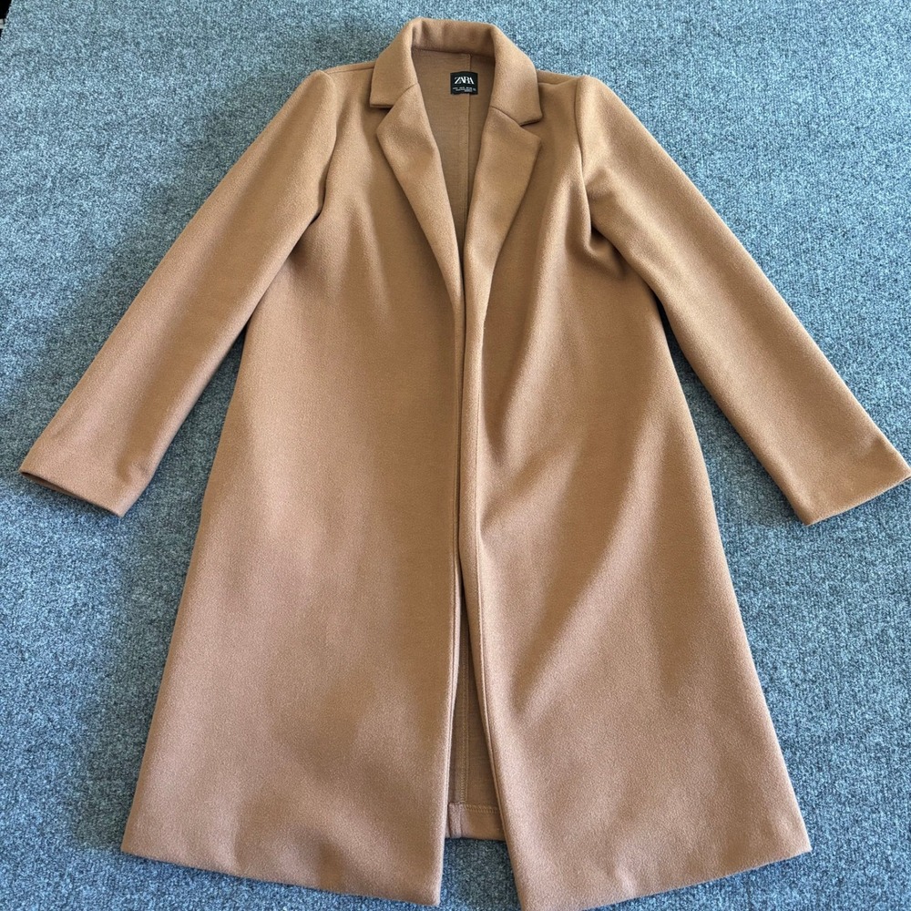 Zara Womens Small Camel Tan Open Front Knit Overcoat Long Sleeve Jacket Coat